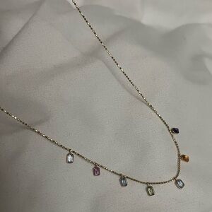 14k yellow gold necklace with sapphire bezel set baguettes adjustable 16-18inch